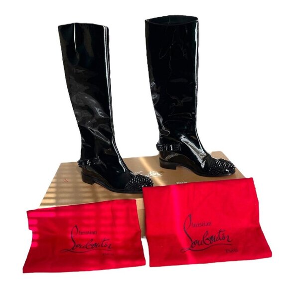 Christian Louboutin Patent Leather Size 38 EGOUTINA FLAT PATENT CALF SPIKES Boot - Picture 1 of 14